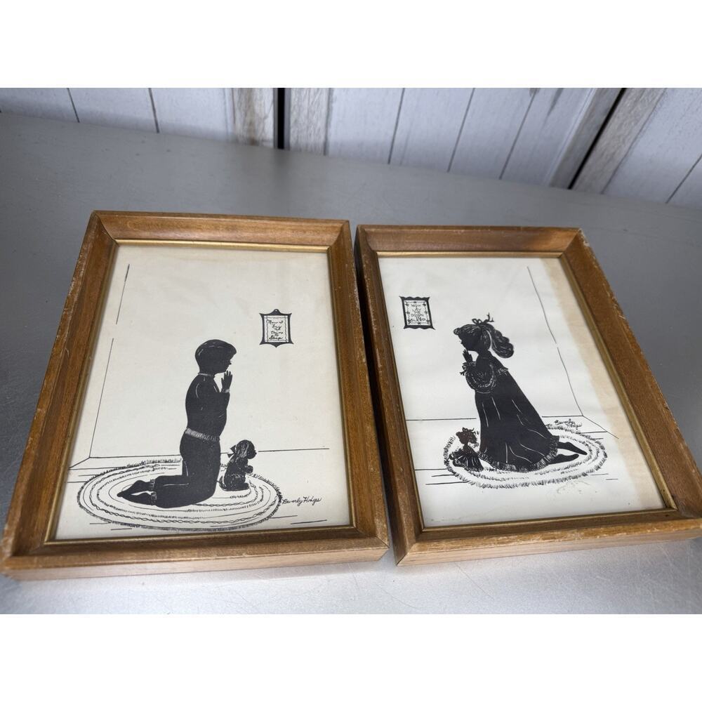 Vintage Silhouette Girl And Boy Nighttime Prayers Praying Religious Decor Framed